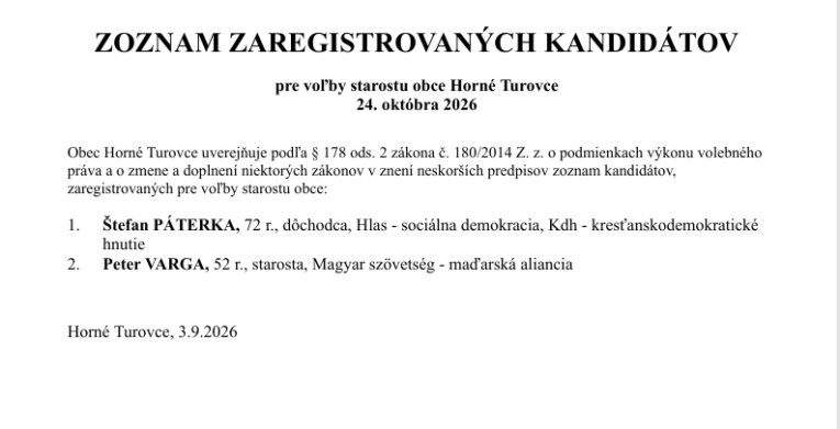 Zoznam zaregistrovaných kandidátov pre voľby starostu obce